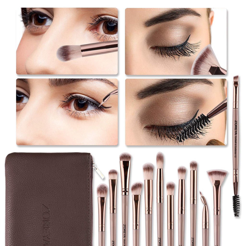 Eye Makeup Brushes, 12 Pcs Professional Eye Brush Set | Eyeshadow, Eyebrow, Blending, Fan, Eyelash Brush Set with Carrying Bag (Champagne Gold)
