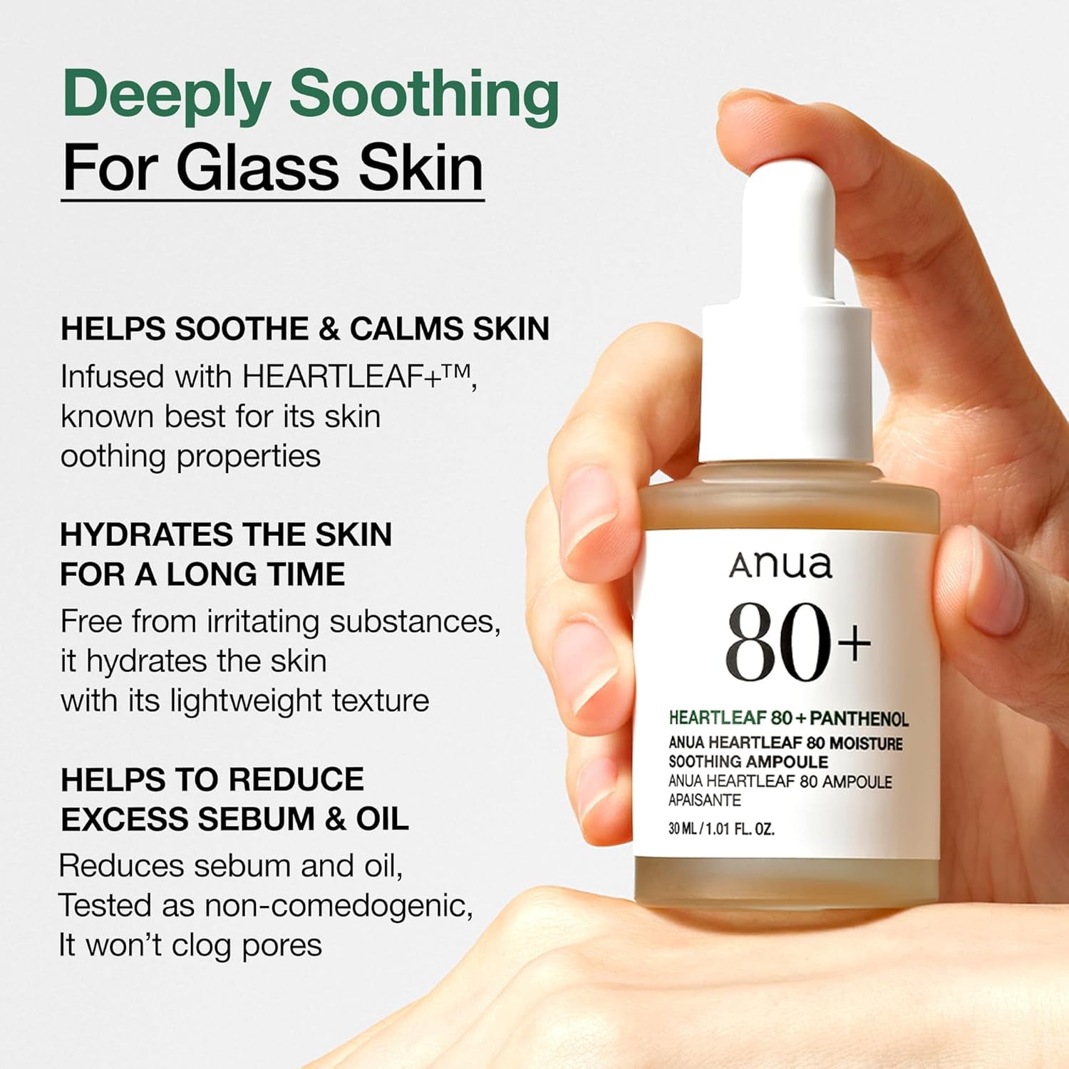 Heartleaf 80 Soothing Ampoule, 1.01 Fl.Oz | Hydrating Facial Serum for Glass Skin, Hyaluronic Acid, Panthenol, Lightweight, Non-Greasy Formula, Korean Skincare