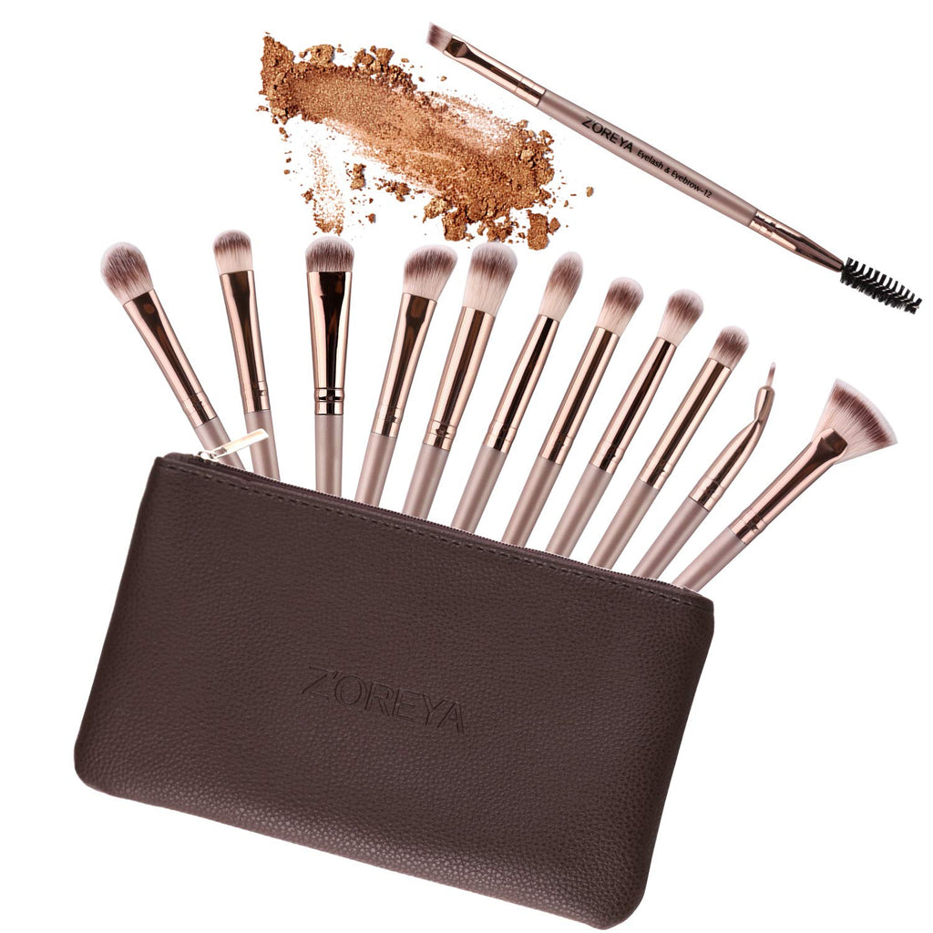 Eye Makeup Brushes, 12 Pcs Professional Eye Brush Set | Eyeshadow, Eyebrow, Blending, Fan, Eyelash Brush Set with Carrying Bag (Champagne Gold)