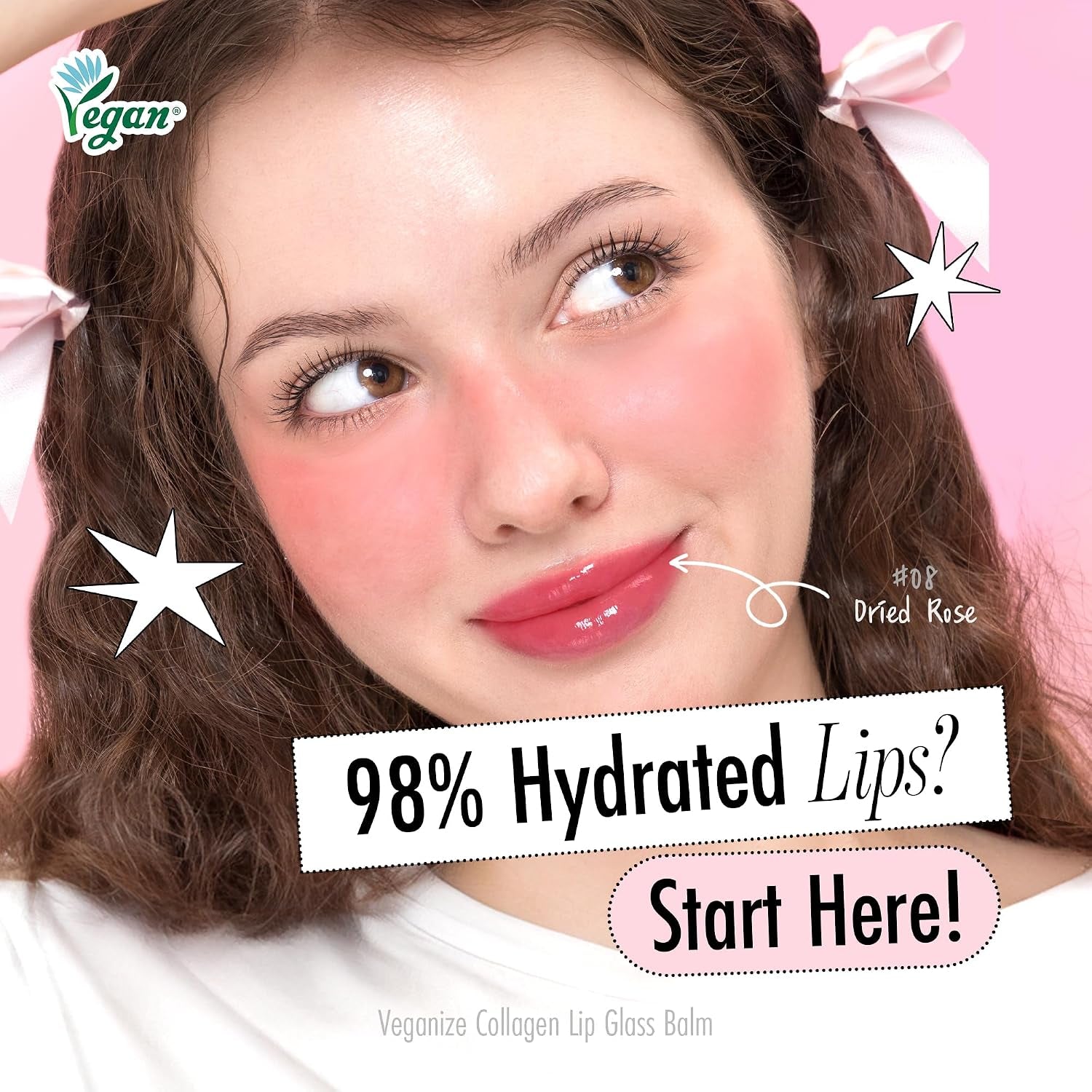 Veganize Collagen Lip Glass Balm - Hydrating Lip W/Hyaluronic Acid - Vegan Korean Lip Balm Moisturizing Lip Care – Lip Gloss Repair for Dry Cracked Lips 0.06 Oz (#8 Dried Rose)