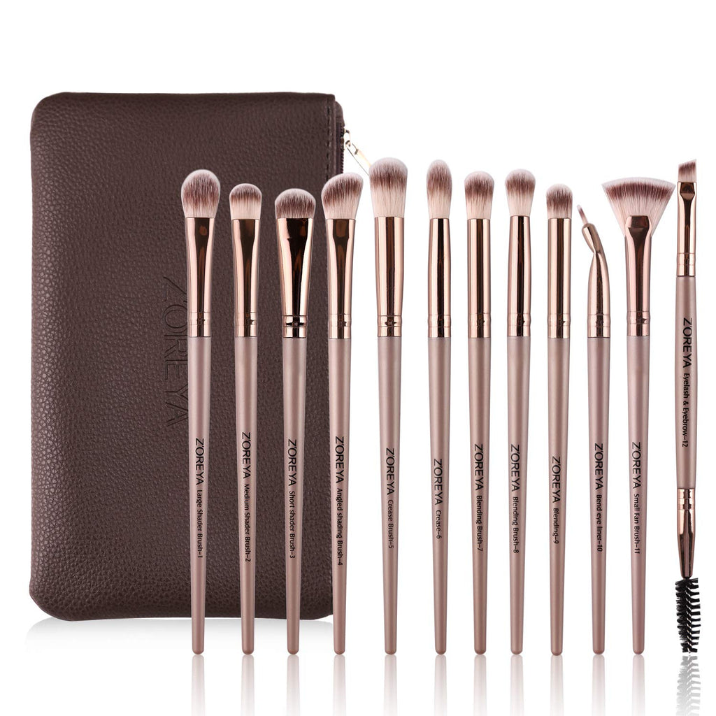 Eye Makeup Brushes, 12 Pcs Professional Eye Brush Set | Eyeshadow, Eyebrow, Blending, Fan, Eyelash Brush Set with Carrying Bag (Champagne Gold)