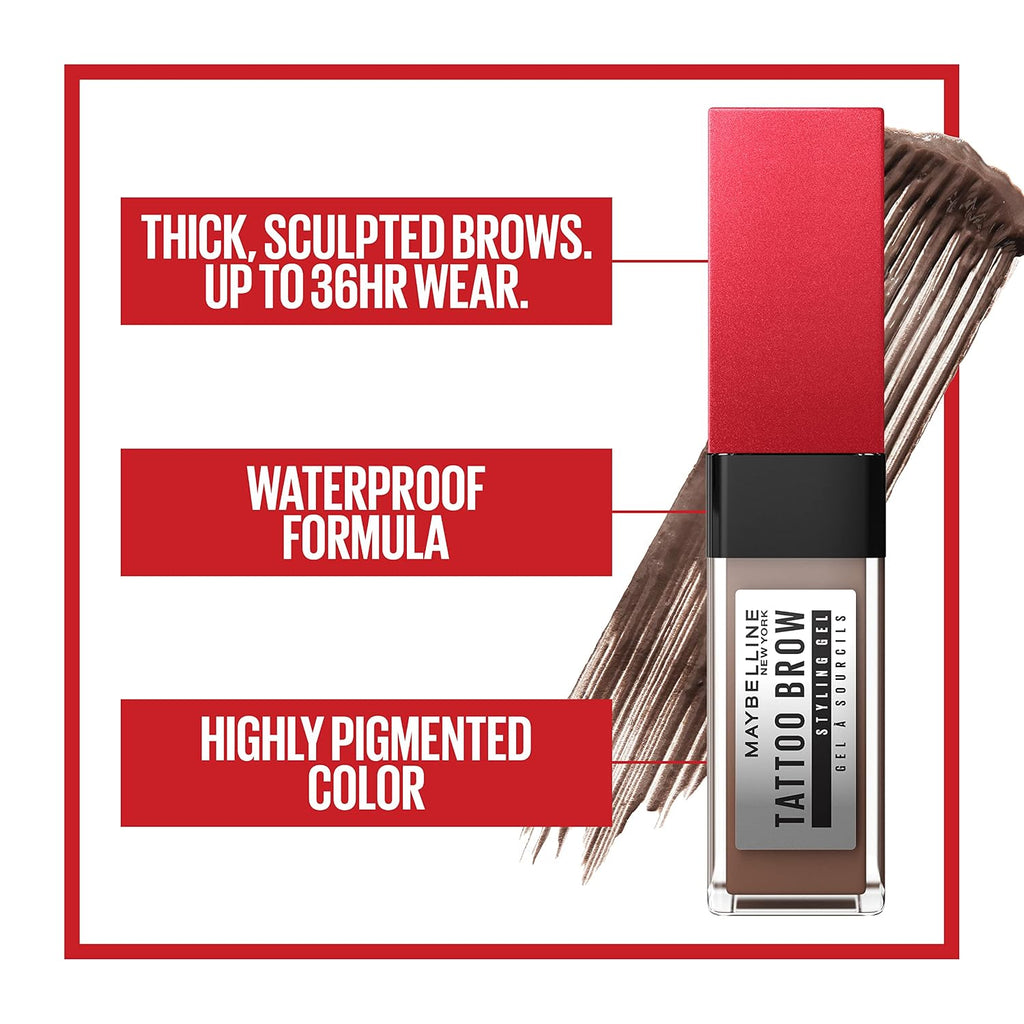 Maybelline Tattoo Studio Brow Styling Gel, Waterproof Eyebrow Make Up, Brow Tint for up to 36HR Wear, Medium Brown, 1 Count