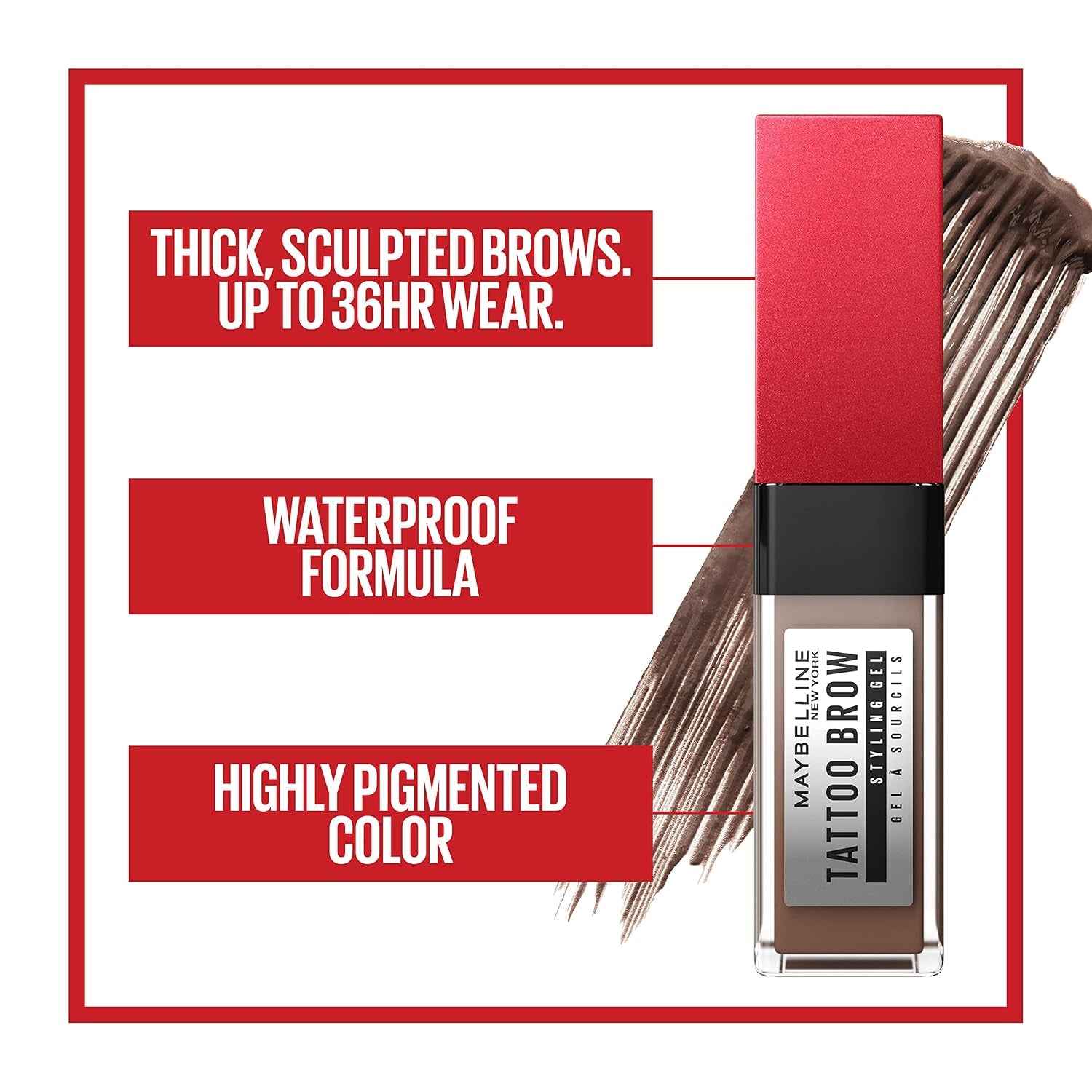 Maybelline Tattoo Studio Brow Styling Gel, Waterproof Eyebrow Make Up, Brow Tint for up to 36HR Wear, Medium Brown, 1 Count