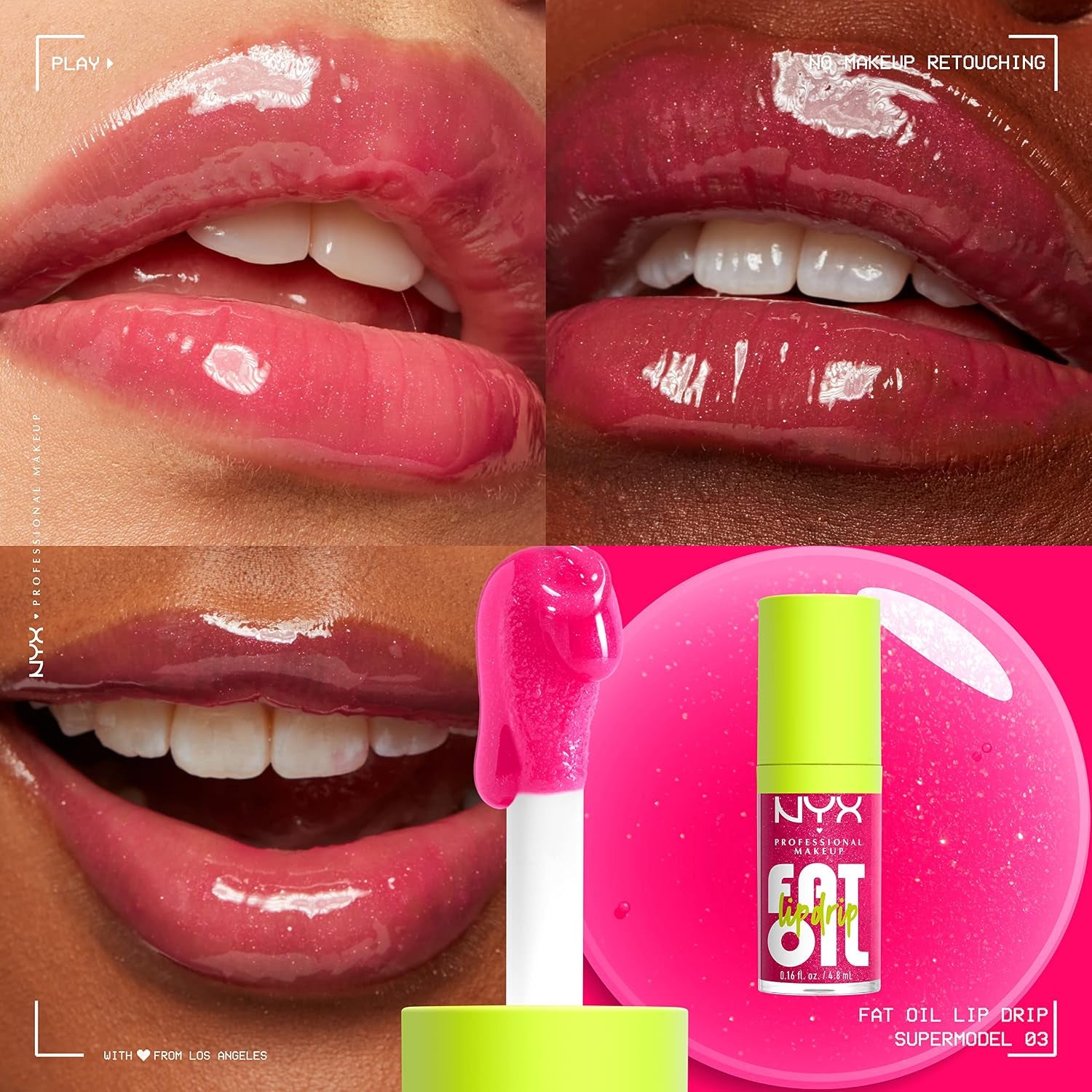 NYX PROFESSIONAL MAKEUP Fat Oil Lip Drip, Moisturizing Lip Oil Gloss, Vegan Tinted Formula, up to 12 HR Hydration - Supermodel (Shimmering Magenta) | with Squalane, High Shine Tinted Gloss, 12Hr Hydrating Lip Treatment, Non-Sticky, Vegan Formula