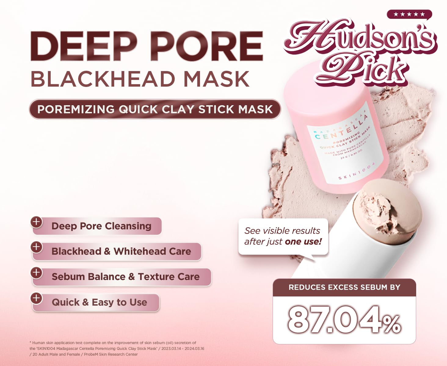 [Hudson'S Pick] Poremizing Quick Clay Stick Mask, Facial Clay Mask for Pores, Centella Clay Stick for Pore Minimizing, Pink Pore Mud Mask for Sebum Balance, Korean Skin Care, 0.95 Oz / 27G | Korean Clay Face Mask Stick with Centella and Kaolin for Pore Minimizing and Sebum Care, Travel Friendly, Korean Skin Care