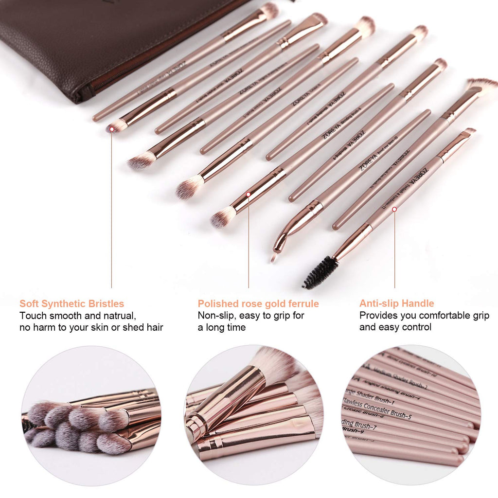Eye Makeup Brushes, 12 Pcs Professional Eye Brush Set | Eyeshadow, Eyebrow, Blending, Fan, Eyelash Brush Set with Carrying Bag (Champagne Gold)