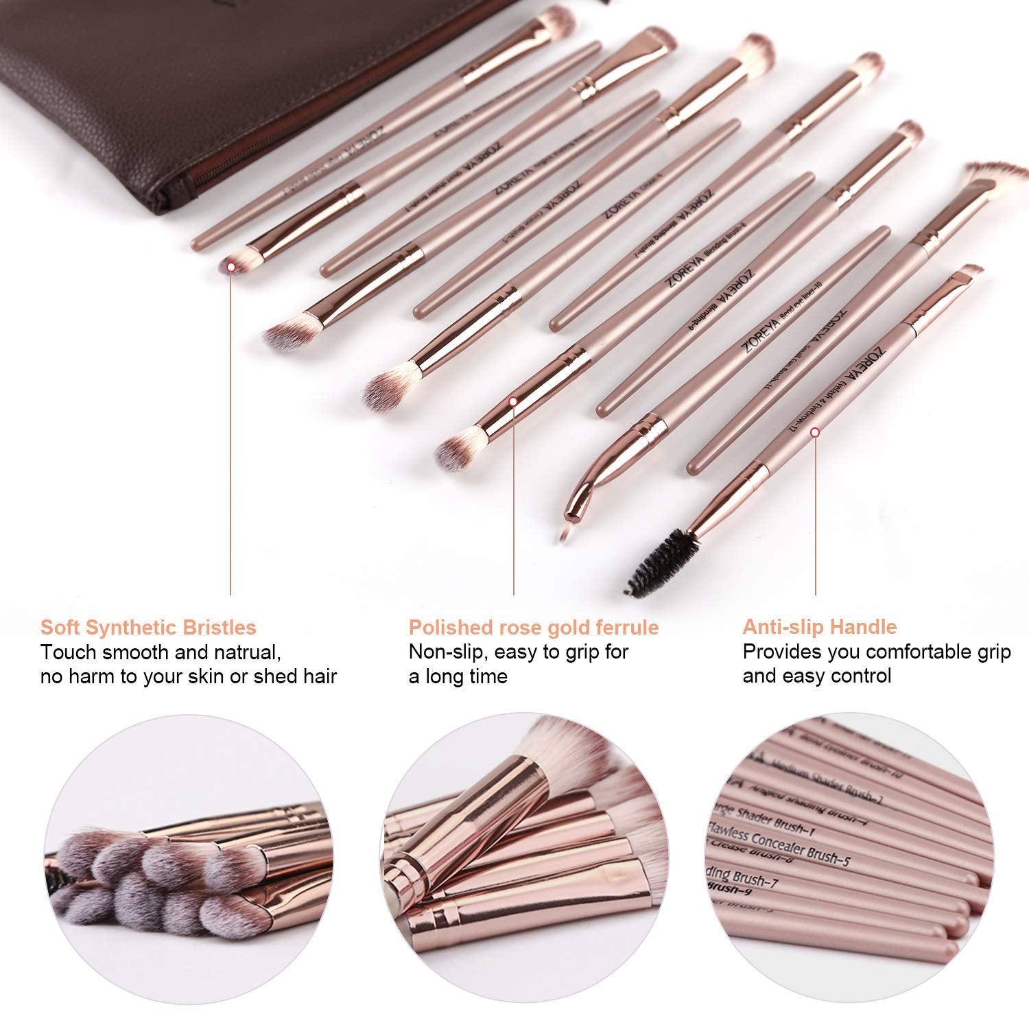Eye Makeup Brushes, 12 Pcs Professional Eye Brush Set | Eyeshadow, Eyebrow, Blending, Fan, Eyelash Brush Set with Carrying Bag (Champagne Gold)