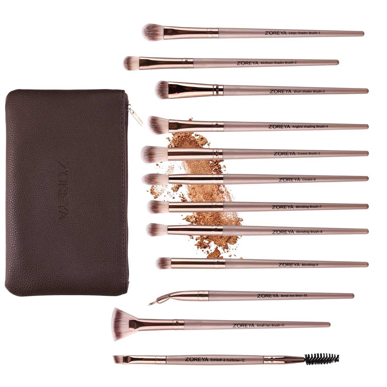 Eye Makeup Brushes, 12 Pcs Professional Eye Brush Set | Eyeshadow, Eyebrow, Blending, Fan, Eyelash Brush Set with Carrying Bag (Champagne Gold)
